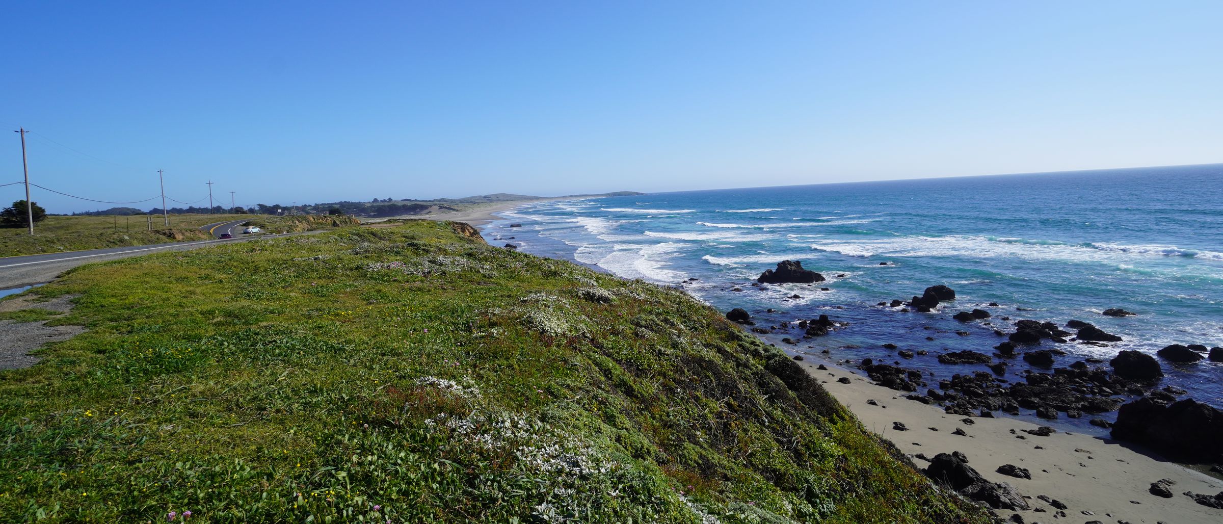 Highway 1 along the Bodega Bay bluff with South Beach and the Pacific below