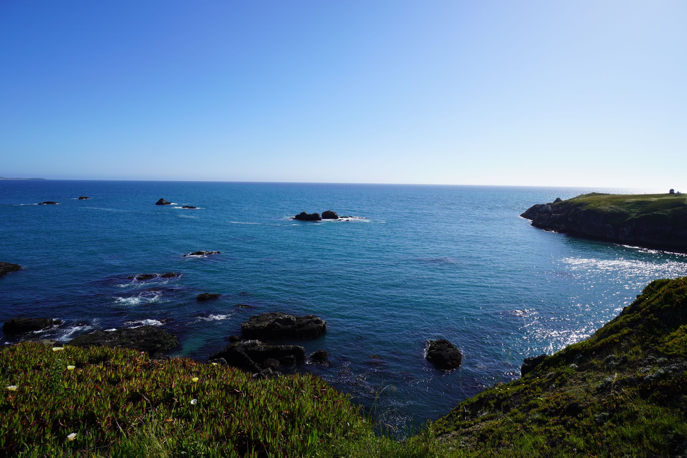 Rocky Sea Ranch cove with bluff trails and ice plant along the Sonoma Coast